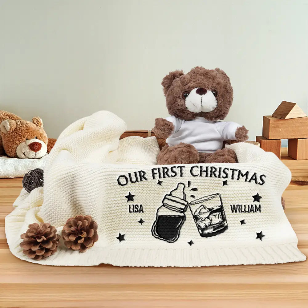 New baby,New Dad,New Mom,Happy - Our First Christmas Together Newborn Baby With Daddy - Personalized Embroidered Knitted Baby Blanket