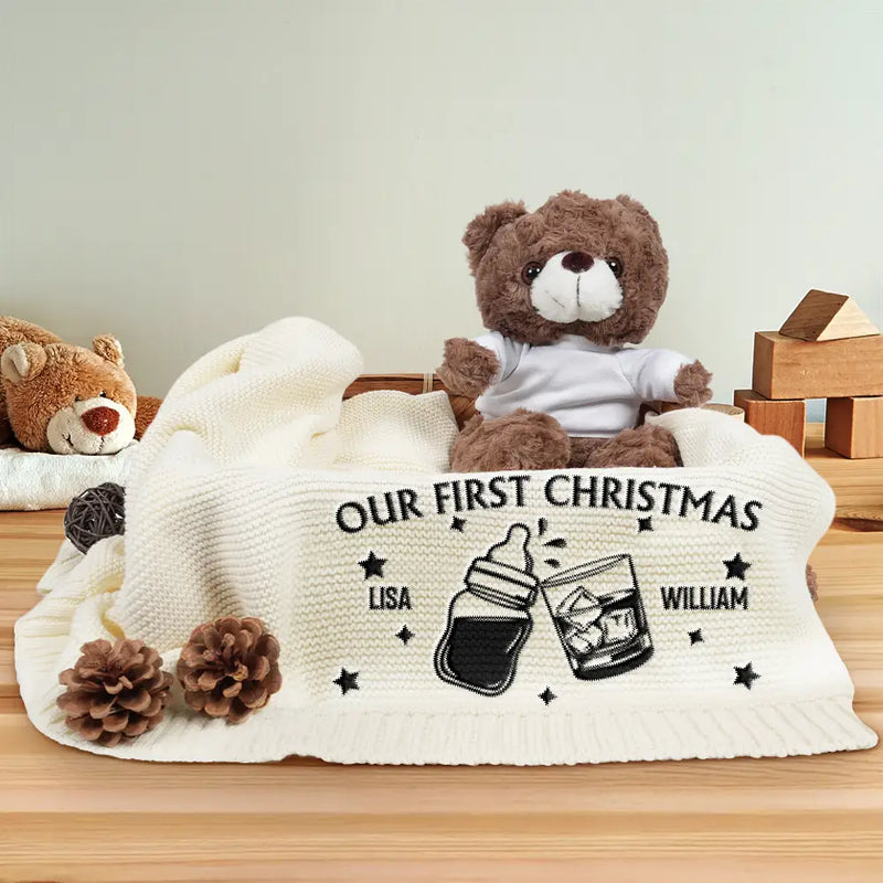 New baby,New Dad,New Mom,Happy - Our First Christmas Together Newborn Baby With Daddy - Personalized Embroidered Knitted Baby Blanket