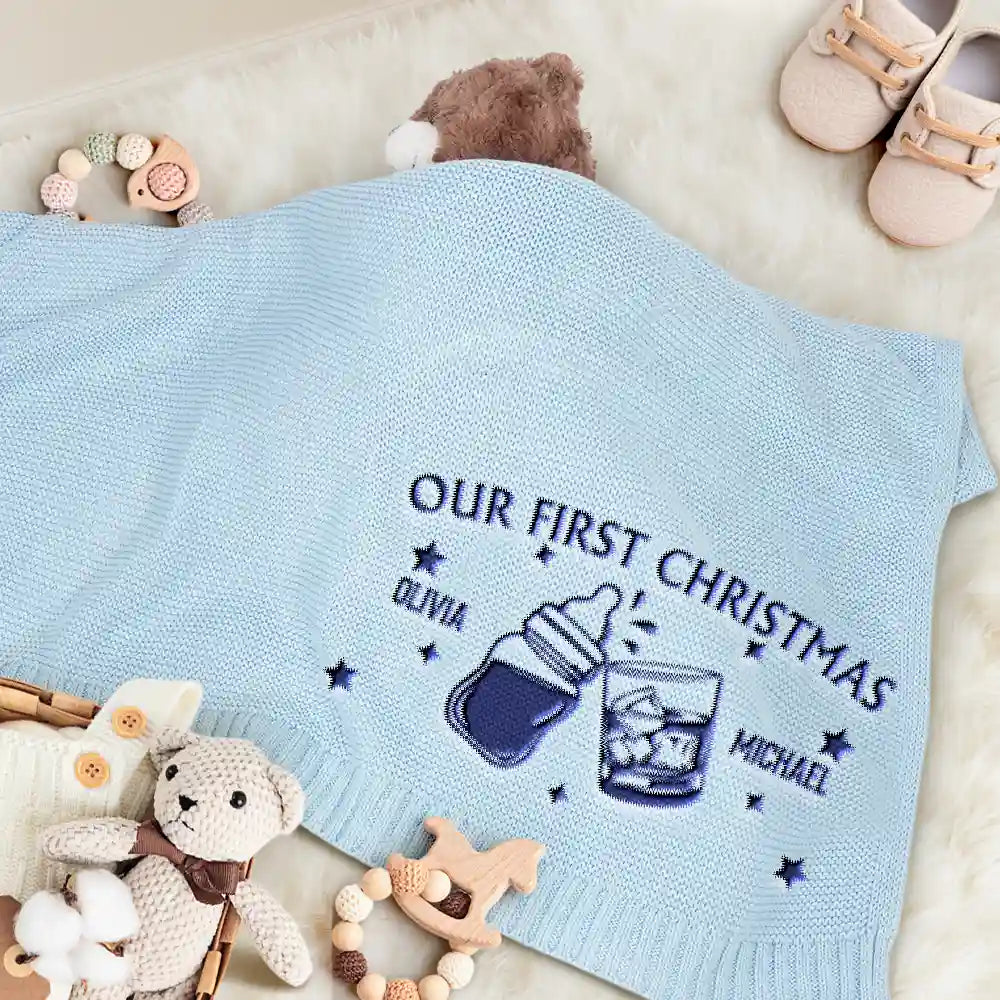 New baby,New Dad,New Mom,Happy - Our First Christmas Together Newborn Baby With Daddy - Personalized Embroidered Knitted Baby Blanket