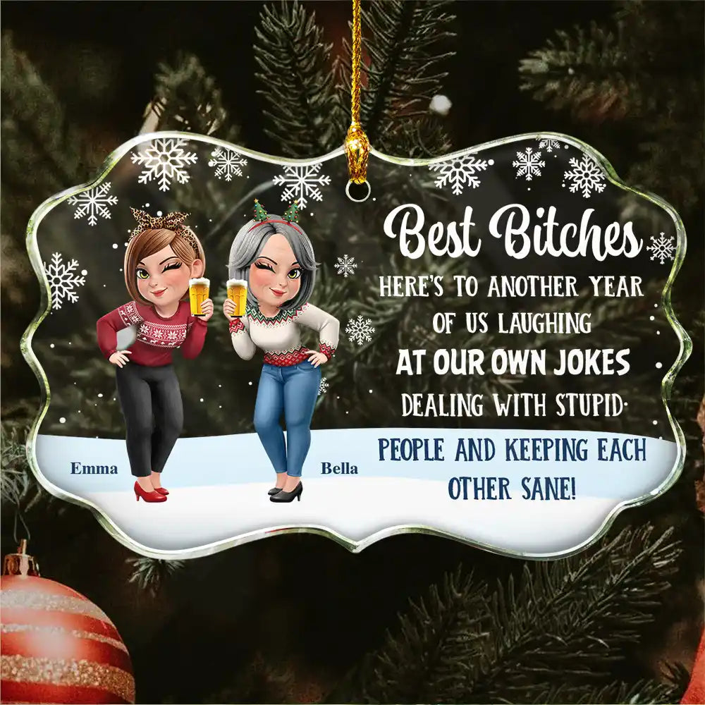 Gift For Bestie,Gift For Sisters,Happy,Christmas - Christmas Best Friends Here's To Another Year Of Us - Personalized Medallion Glass Ornament