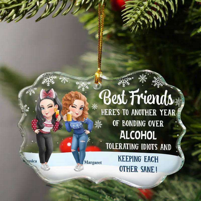 Gift For Bestie,Gift For Sisters,Happy,Christmas - Christmas Best Friends Here's To Another Year Of Us - Personalized Medallion Glass Ornament