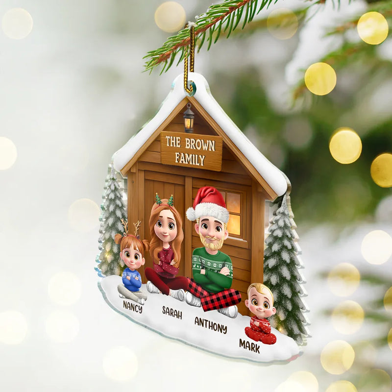 Family,Parents,Love,Gift For Kids,Gift For Grandkids,Pet Lovers,Dog Lovers,Cat Lovers,Christmas,Happy,Non-Eng - Christmas Sitting Family Parents Kids Pets - Personalized Custom Shaped Acrylic Ornament