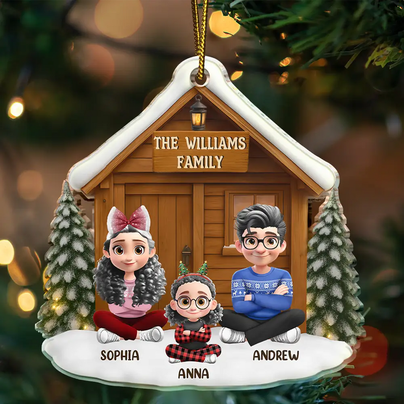 Family,Parents,Love,Gift For Kids,Gift For Grandkids,Pet Lovers,Dog Lovers,Cat Lovers,Christmas,Happy,Non-Eng - Christmas Sitting Family Parents Kids Pets - Personalized Custom Shaped Acrylic Ornament