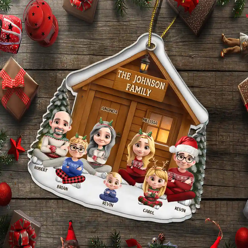 Family,Parents,Love,Gift For Kids,Gift For Grandkids,Pet Lovers,Dog Lovers,Cat Lovers,Christmas,Happy,Non-Eng - Christmas Sitting Family Parents Kids Pets - Personalized Custom Shaped Acrylic Ornament