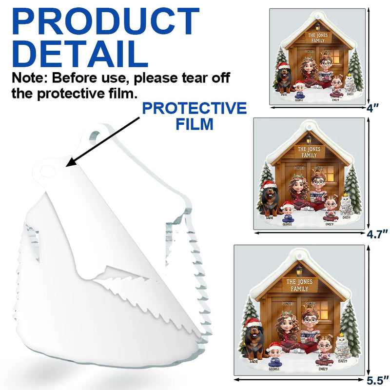 Family,Parents,Love,Gift For Kids,Gift For Grandkids,Pet Lovers,Dog Lovers,Cat Lovers,Christmas,Happy,Non-Eng - Christmas Sitting Family Parents Kids Pets - Personalized Custom Shaped Acrylic Ornament