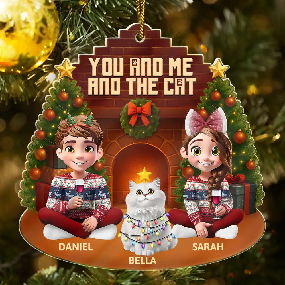 3D Effect Sitting Couple You And Me And The Cat - Personalized Custom Shaped Acrylic Ornament