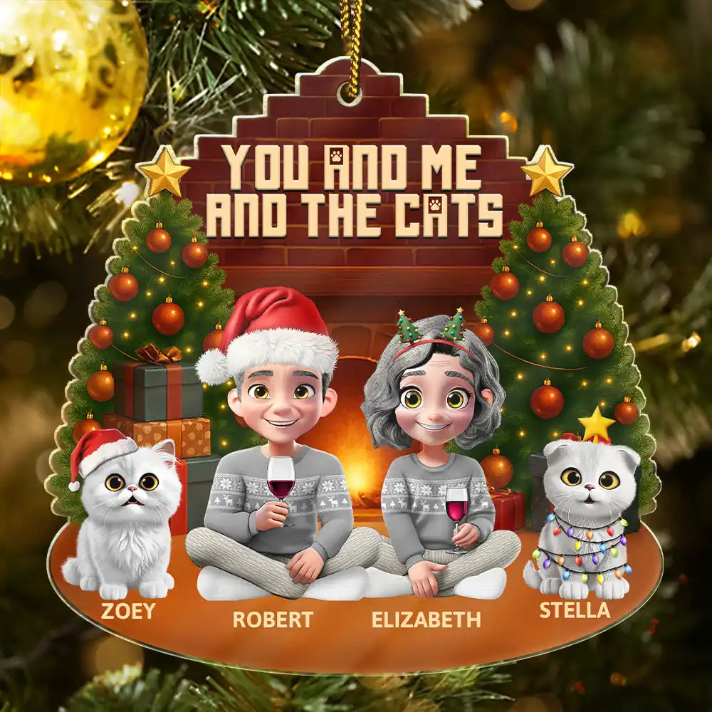Pet Lovers,Pet Couple,Cat Lovers,Cat Couple,Happy,Christmas - 3D Effect Sitting Couple You And Me And The Cat - Personalized Custom Shaped Acrylic Ornament