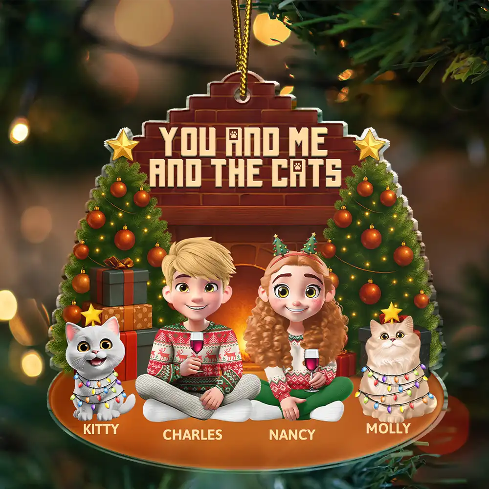 Pet Lovers,Pet Couple,Cat Lovers,Cat Couple,Happy,Christmas - 3D Effect Sitting Couple You And Me And The Cat - Personalized Custom Shaped Acrylic Ornament