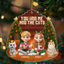 Pet Lovers,Pet Couple,Cat Lovers,Cat Couple,Happy,Christmas - 3D Effect Sitting Couple You And Me And The Cat - Personalized Custom Shaped Acrylic Ornament