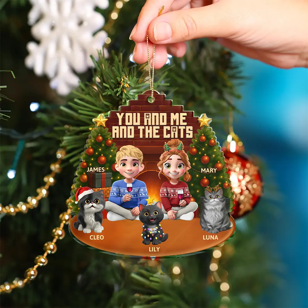 Pet Lovers,Pet Couple,Cat Lovers,Cat Couple,Happy,Christmas - 3D Effect Sitting Couple You And Me And The Cat - Personalized Custom Shaped Acrylic Ornament
