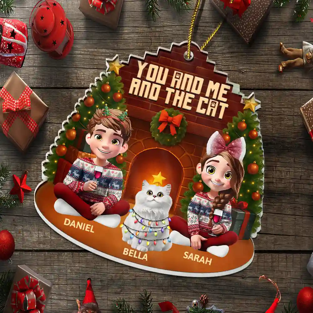 Pet Lovers,Pet Couple,Cat Lovers,Cat Couple,Happy,Christmas - 3D Effect Sitting Couple You And Me And The Cat - Personalized Custom Shaped Acrylic Ornament