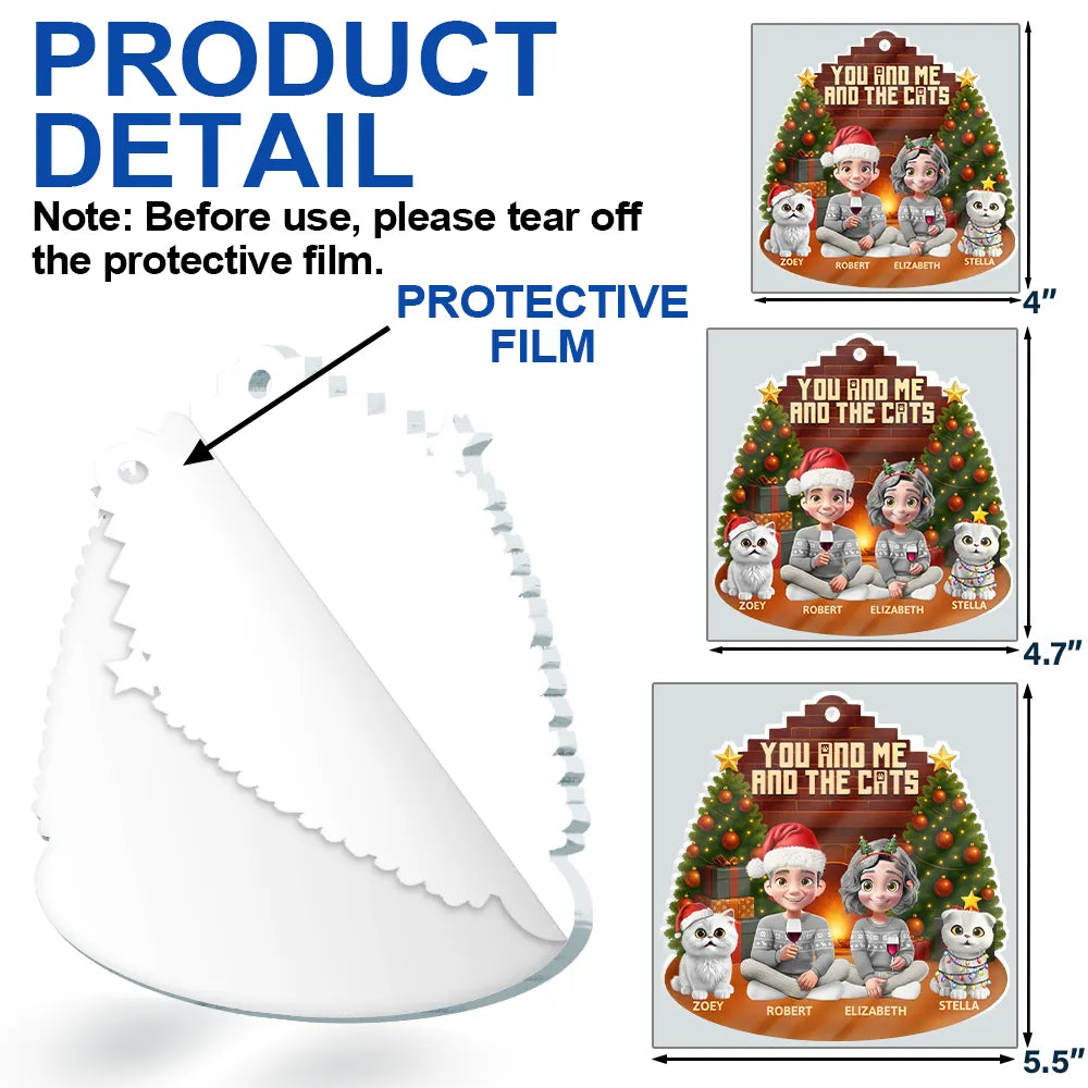 Pet Lovers,Pet Couple,Cat Lovers,Cat Couple,Happy,Christmas - 3D Effect Sitting Couple You And Me And The Cat - Personalized Custom Shaped Acrylic Ornament