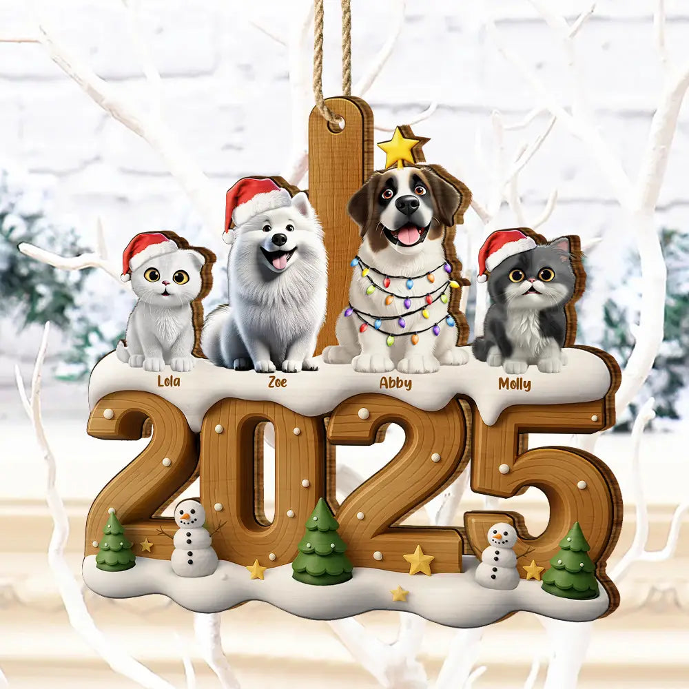 Pet Lovers,Pet Mom,Pet Dad,Dog Lovers,Dog Mom,Dog Dad,Cat Lovers,Cat Mom,Cat Dad,Christmas - Christmas Cute 3D Effect Dog Cat - Personalized Custom Shaped Wooden Ornament