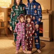 Family,Parents,Gift For Kids,Happy,Custom Photo - Custom Photo Family Plaid Pattern - Personalized Overall Onesie Hooded Jumpsuit