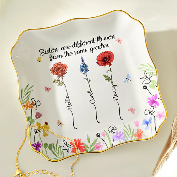 Gift For Sisters,Gift For Bestie,Gift For Women,Happy - Birth Flower Sisters From The Same Garden - Personalized Lace Square Jewelry Dish