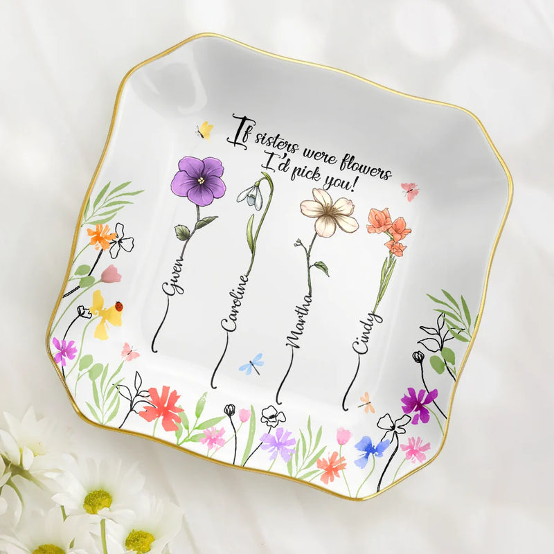 Gift For Sisters,Gift For Bestie,Gift For Women,Happy - Birth Flower Sisters From The Same Garden - Personalized Lace Square Jewelry Dish