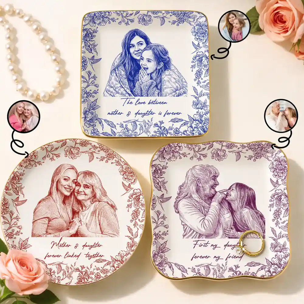 Custom Photo Pencil Sketch The Love Between Mother & Daughter - Personalized Ring Dish