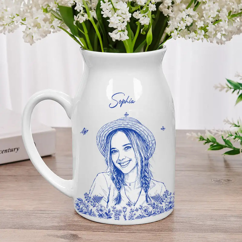 Gift For Mother,Gift For Grandma,Family,Dog Lovers,Dog Mom,Cat Lovers,Cat Mom,Pet Lovers,Pet Mom,Gift For Bestie,Happy - Custom Photo Pencil Sketch Art Loving Couple Family Pet - Personalized Ceramic Flower Vase