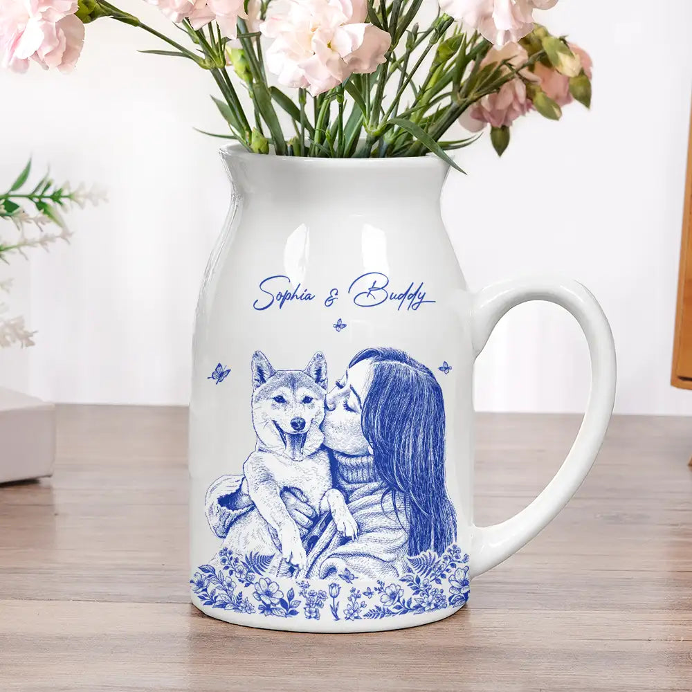 Gift For Mother,Gift For Grandma,Family,Dog Lovers,Dog Mom,Cat Lovers,Cat Mom,Pet Lovers,Pet Mom,Gift For Bestie,Happy - Custom Photo Pencil Sketch Art Loving Couple Family Pet - Personalized Ceramic Flower Vase