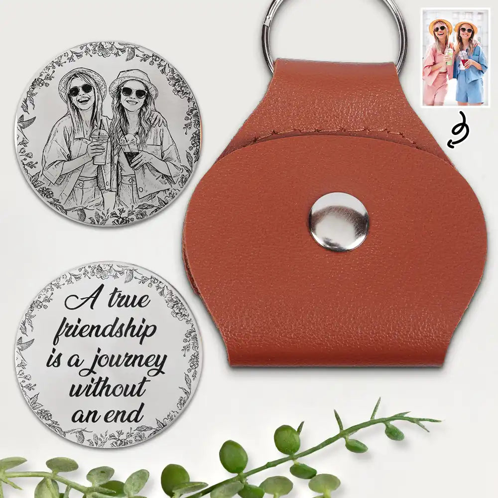 Custom Photo Pencil Sketch A True Friendship Is A Journey Without An End - Personalized Leather Pocket Hug