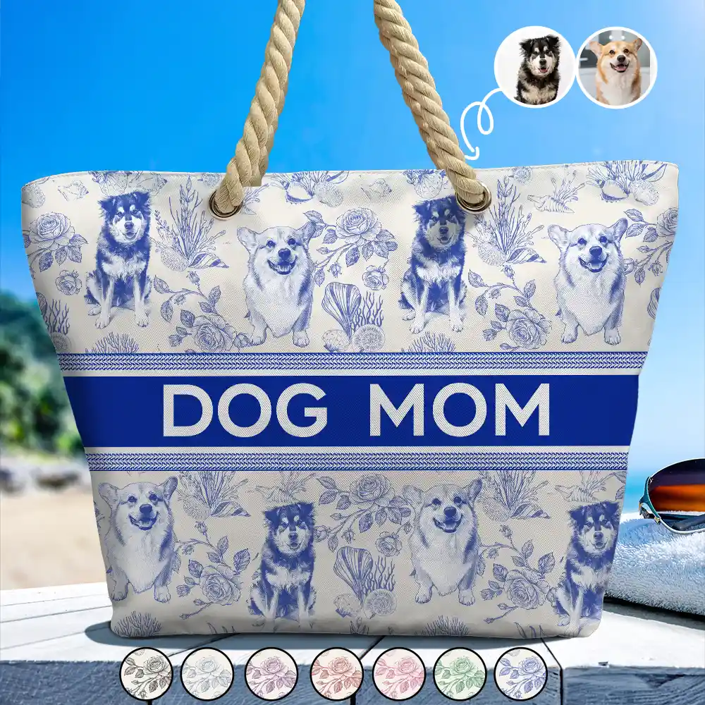 Custom Photo Pencil Sketch Art Dog Mom Pet Mom Toile Pattern - Personalized Beach Bag