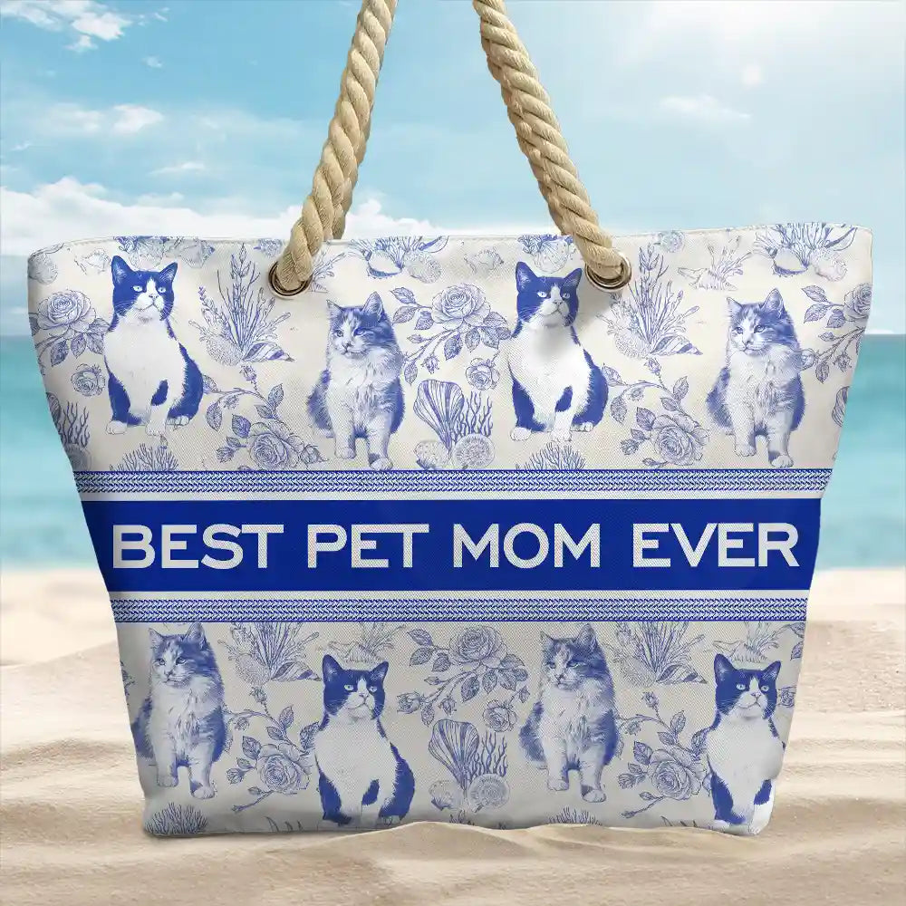 Beach,Pet Lovers,Pet Mom,Happy - Custom Photo Pencil Sketch Art Dog Mom Pet Mom Toile Pattern - Personalized Beach Bag