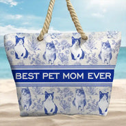 Beach,Pet Lovers,Pet Mom,Happy - Custom Photo Pencil Sketch Art Dog Mom Pet Mom Toile Pattern - Personalized Beach Bag