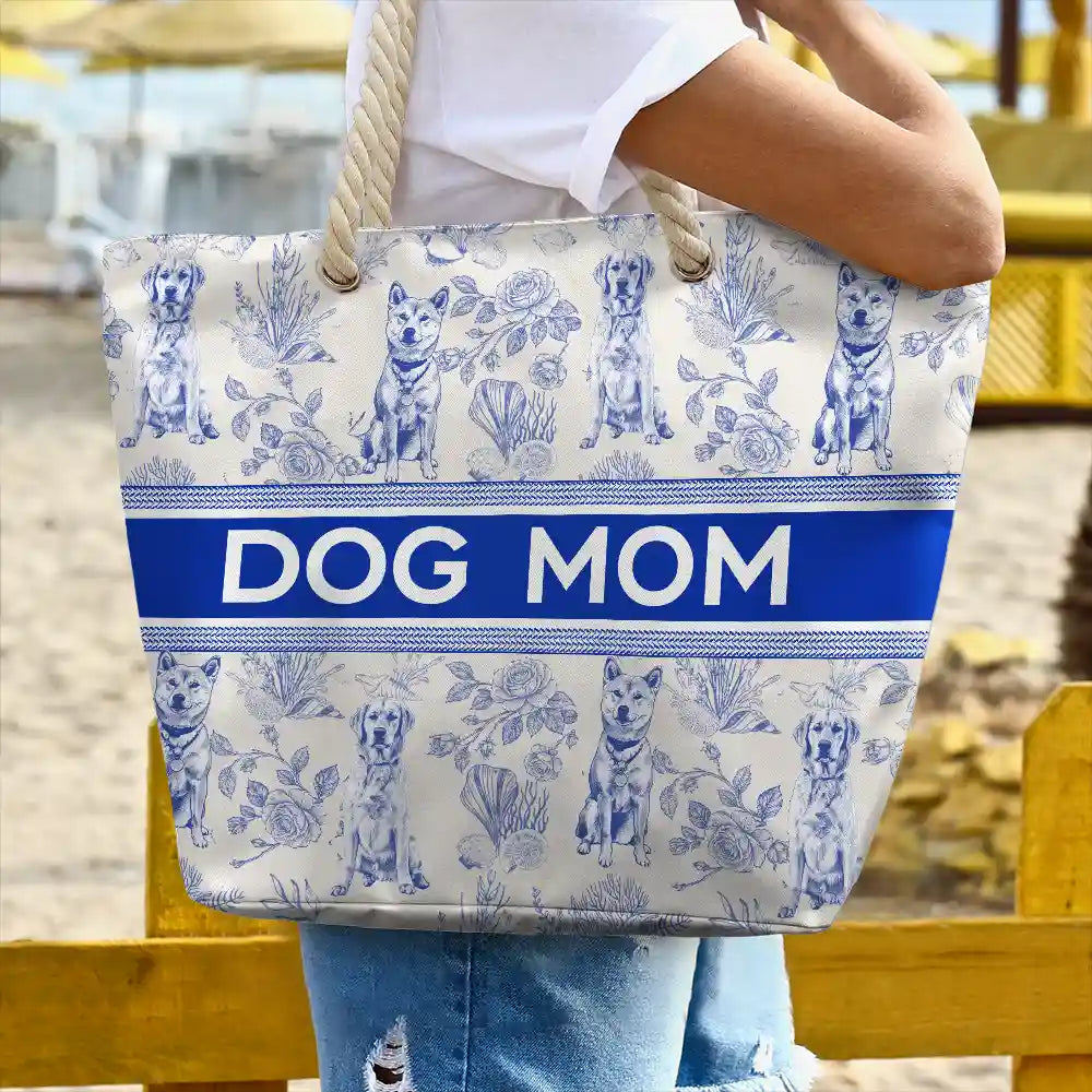 Beach,Pet Lovers,Pet Mom,Happy - Custom Photo Pencil Sketch Art Dog Mom Pet Mom Toile Pattern - Personalized Beach Bag