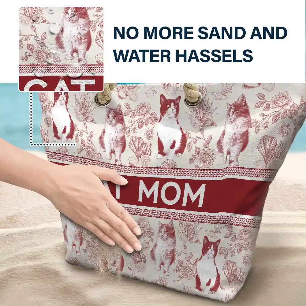 Beach,Pet Lovers,Pet Mom,Happy - Custom Photo Pencil Sketch Art Dog Mom Pet Mom Toile Pattern - Personalized Beach Bag