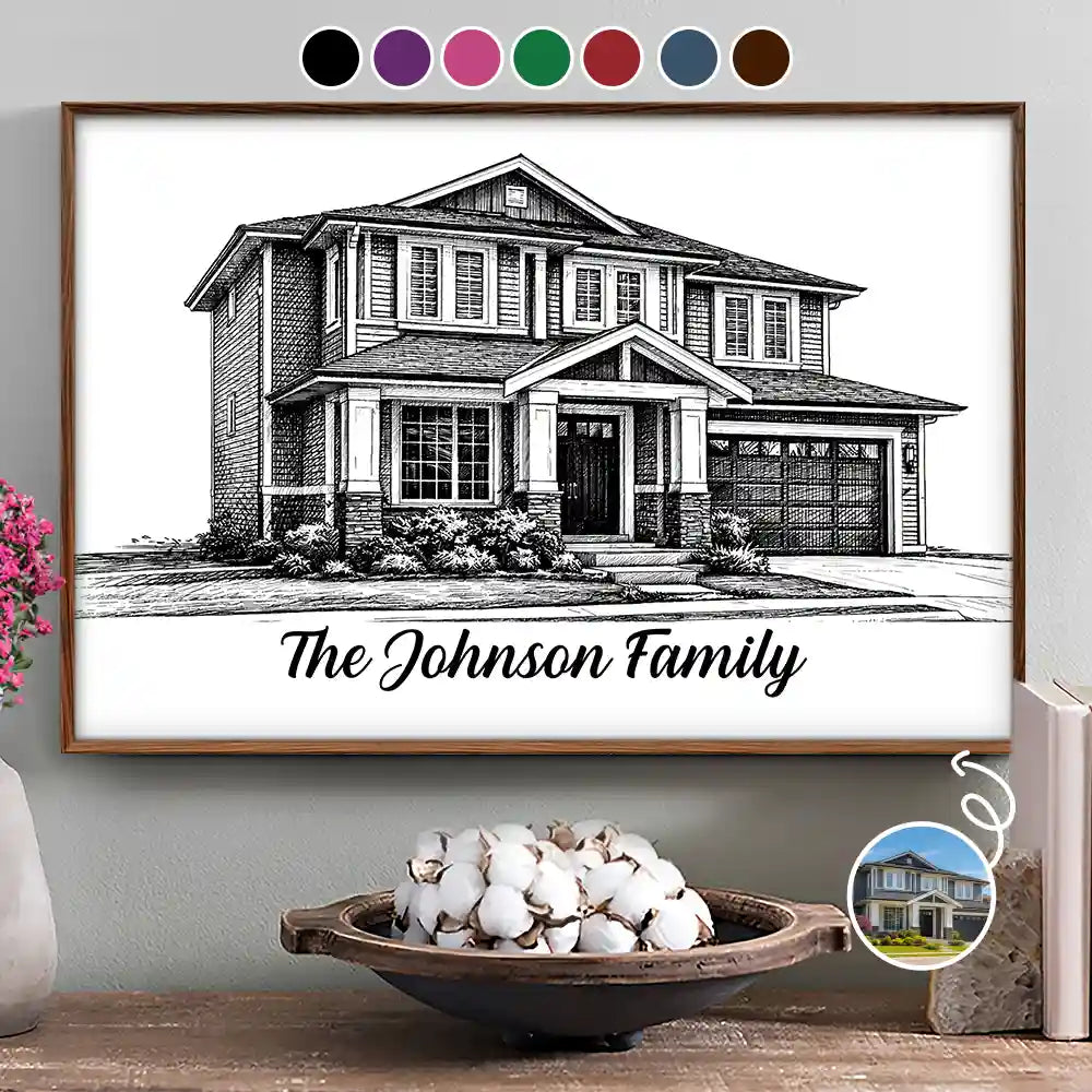 Family,Happy,Custom Photo - Custom Photo Pencil Sketch House Sketch Where Love Never Ends - Personalized Poster