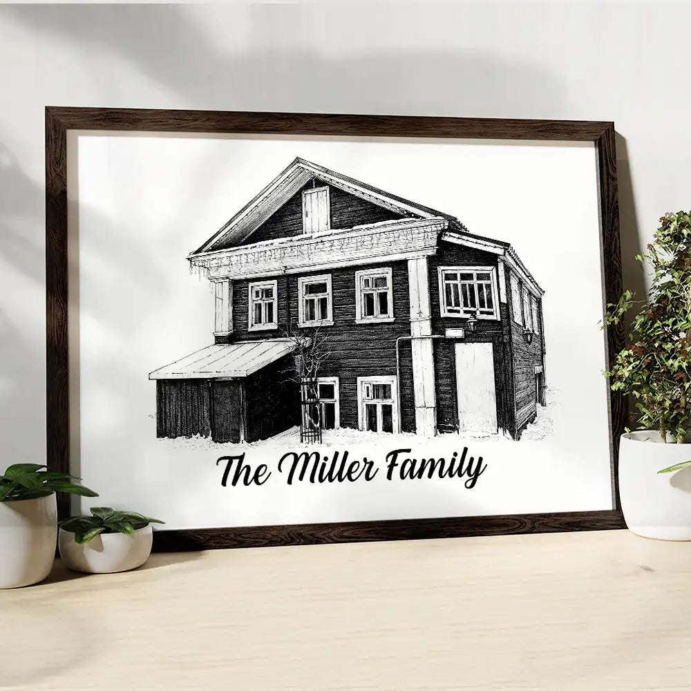 Family,Happy,Custom Photo - Custom Photo Pencil Sketch House Sketch Where Love Never Ends - Personalized Poster