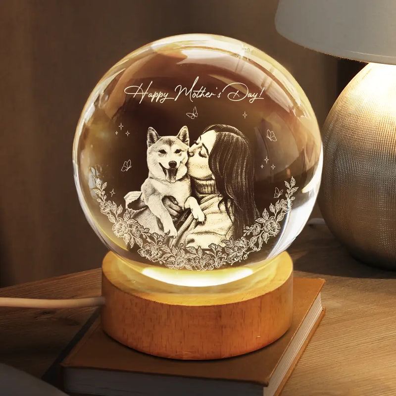 Gift For Mother,Gift For Grandma,Love,Family - Custom Photo Pencil Sketch Art Loving Family - Personalized Crystal Globe Lamp