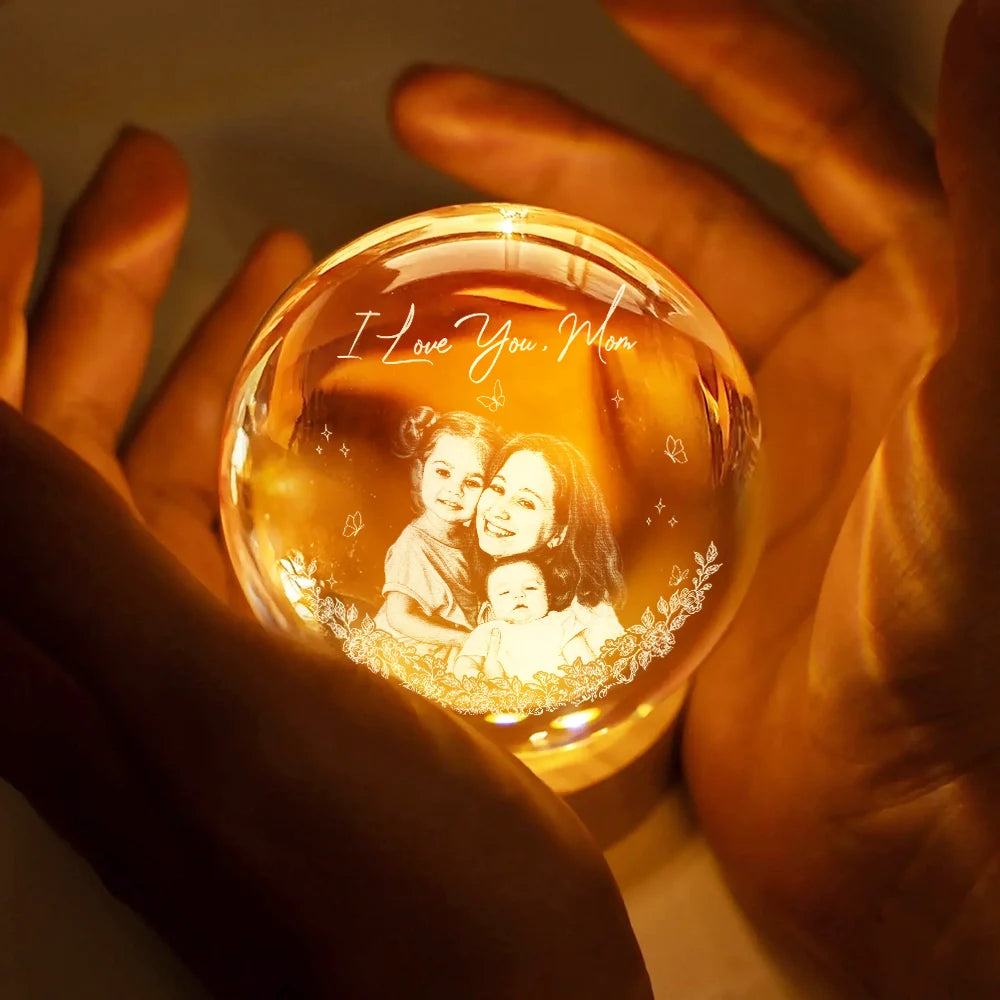 Gift For Mother,Gift For Grandma,Love,Family - Custom Photo Pencil Sketch Art Loving Family - Personalized Crystal Globe Lamp