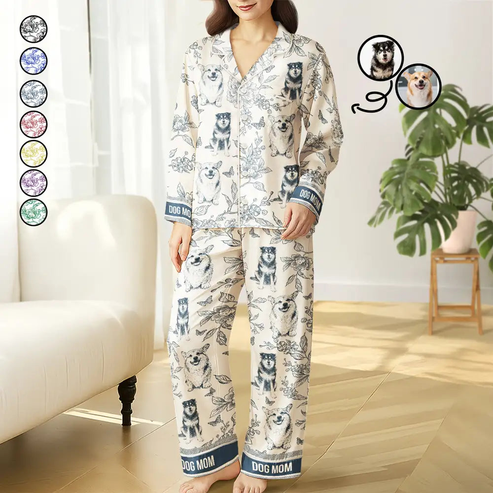 Custom Photo Pencil Sketch Portrait Dog Mom Pet Mom Toile Pattern - Personalized Satin Pajama Set