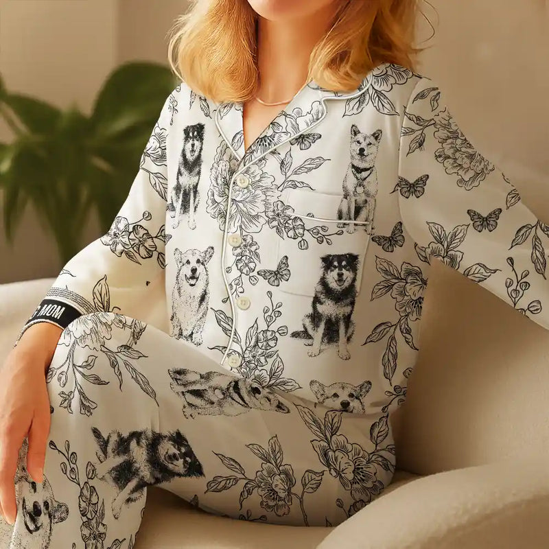 Custom Photo,Pet Lovers,Pet Mom,Happy - Custom Photo Pencil Sketch Portrait Dog Mom Pet Mom Toile Pattern - Personalized Satin Pajama Set