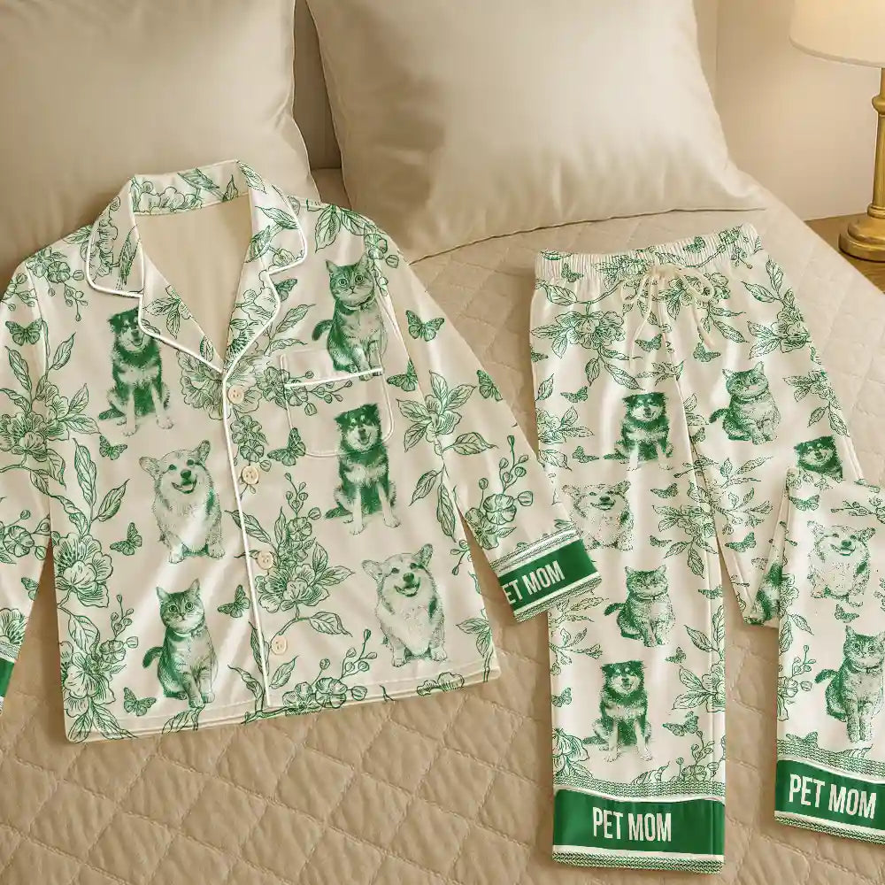 Custom Photo,Pet Lovers,Pet Mom,Happy - Custom Photo Pencil Sketch Portrait Dog Mom Pet Mom Toile Pattern - Personalized Satin Pajama Set