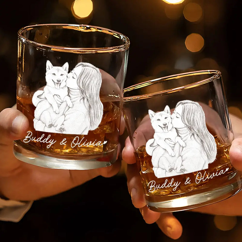 Gift For Mother,Gift For Father,Love,New Dad,New Mom,Photo - Pencil Sketch (White BG) - Custom Photo Pencil Sketch Art Family Dog Cat Portrait - Personalized Whiskey Glass