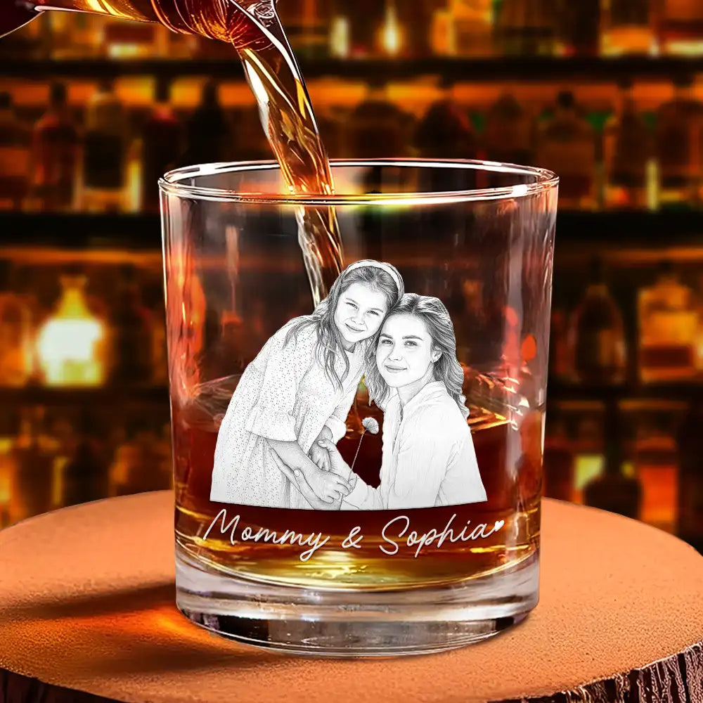 Gift For Mother,Gift For Father,Love,New Dad,New Mom,Photo - Pencil Sketch (White BG) - Custom Photo Pencil Sketch Art Family Dog Cat Portrait - Personalized Whiskey Glass