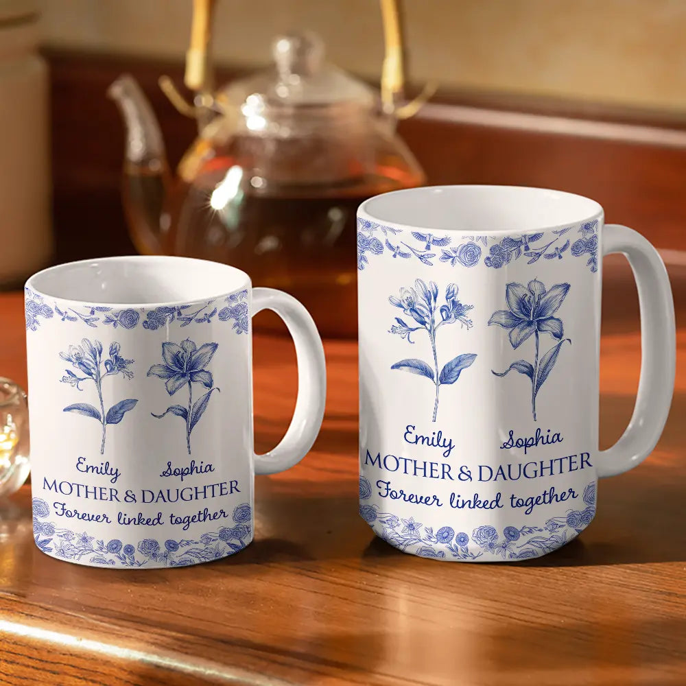 Gift For Mother,Mom - Daughters (Adult),Mom - Daughters (Young),Mom - Sons,Mom - Children,Love,Icon - Mother & Daughters Forever Linked Together Toile Birth Flower - Personalized White Edge-to-Edge Mug