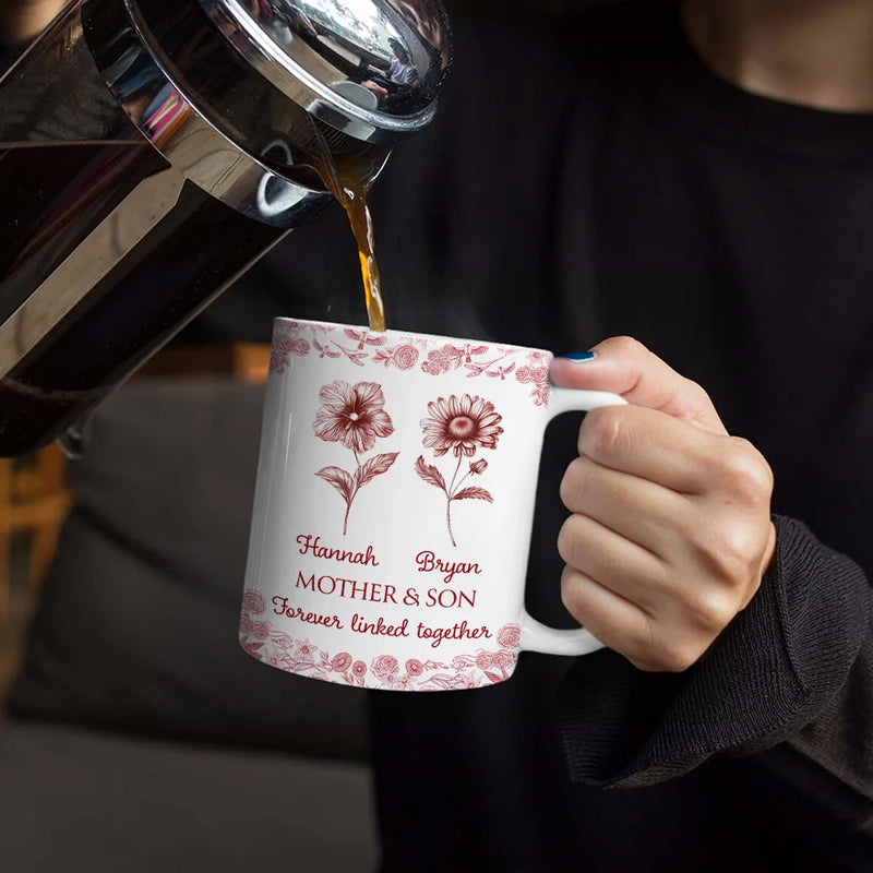 Gift For Mother,Mom - Daughters (Adult),Mom - Daughters (Young),Mom - Sons,Mom - Children,Love,Icon - Mother & Daughters Forever Linked Together Toile Birth Flower - Personalized White Edge-to-Edge Mug