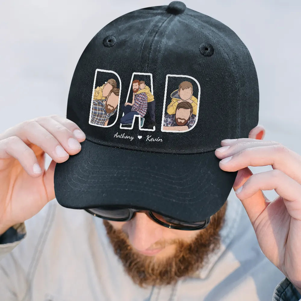 Gift For Grandpa,Gift For Father,New Dad,Non-Eng,Photo - Faceless Portrait,Adorable - Custom Photo Faceless Portrait Dad Papa Portrait - Personalized Vintage Washed Denim Cap