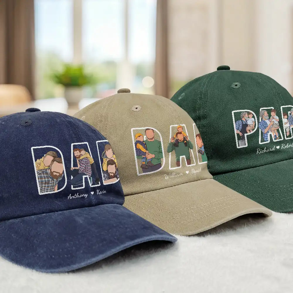 Gift For Grandpa,Gift For Father,New Dad,Non-Eng,Photo - Faceless Portrait,Adorable - Custom Photo Faceless Portrait Dad Papa Portrait - Personalized Vintage Washed Denim Cap