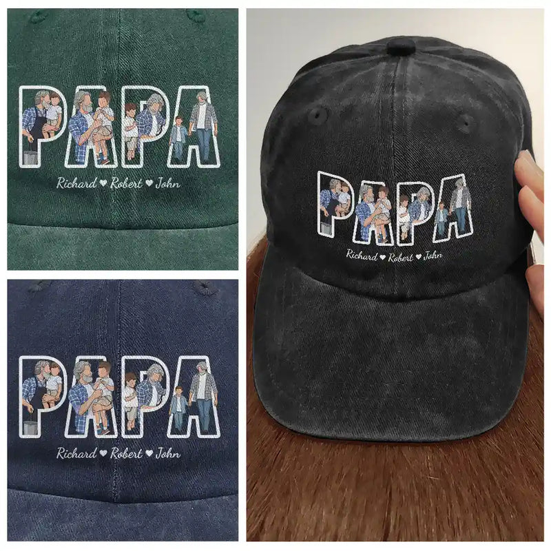 Gift For Grandpa,Gift For Father,New Dad,Non-Eng,Photo - Faceless Portrait,Adorable - Custom Photo Faceless Portrait Dad Papa Portrait - Personalized Vintage Washed Denim Cap