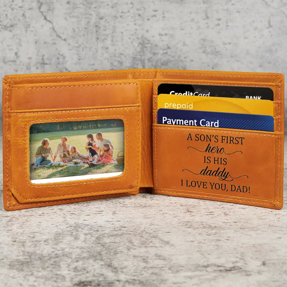 Gift For Father,Custom Photo,Art Design,Grateful,Photo - Pencil Sketch - Bold - Custom Photo Bold Sketch A Son Daughter's First Hero - Personalized Engraved Leather Wallet