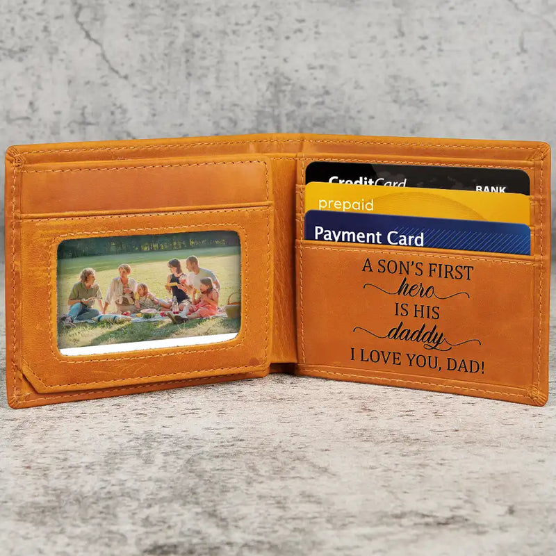 Gift For Father,Custom Photo,Art Design,Grateful,Photo - Pencil Sketch - Bold - Custom Photo Bold Sketch A Son Daughter's First Hero - Personalized Engraved Leather Wallet