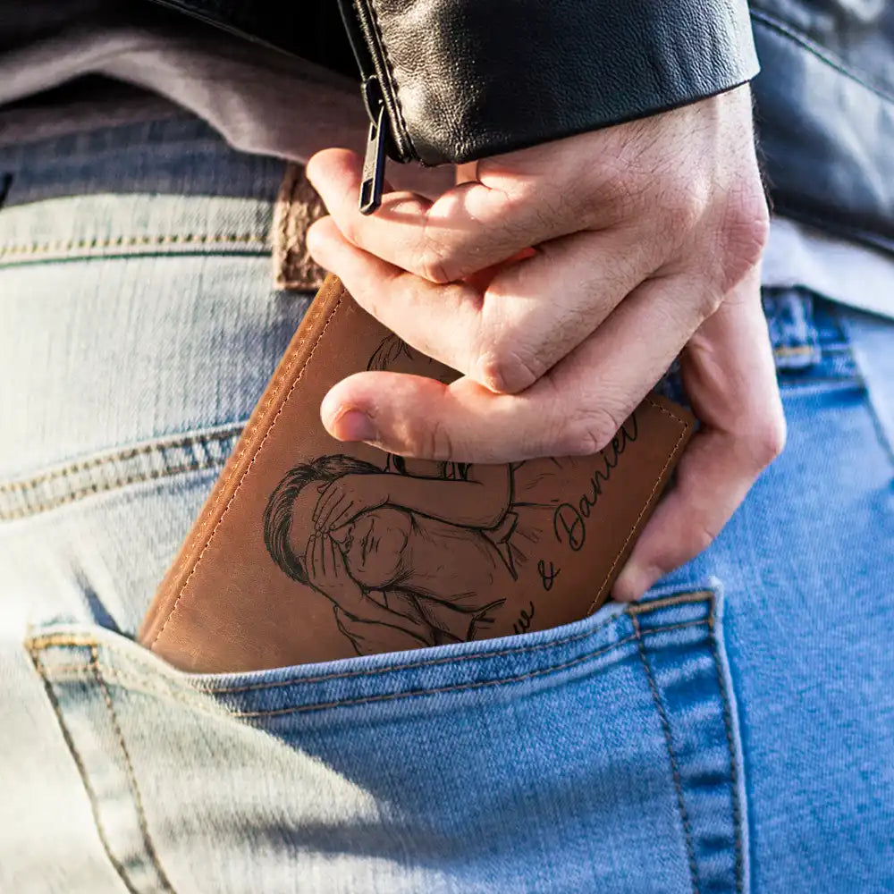 Gift For Father,Custom Photo,Art Design,Grateful,Photo - Pencil Sketch - Bold - Custom Photo Bold Sketch A Son Daughter's First Hero - Personalized Engraved Leather Wallet
