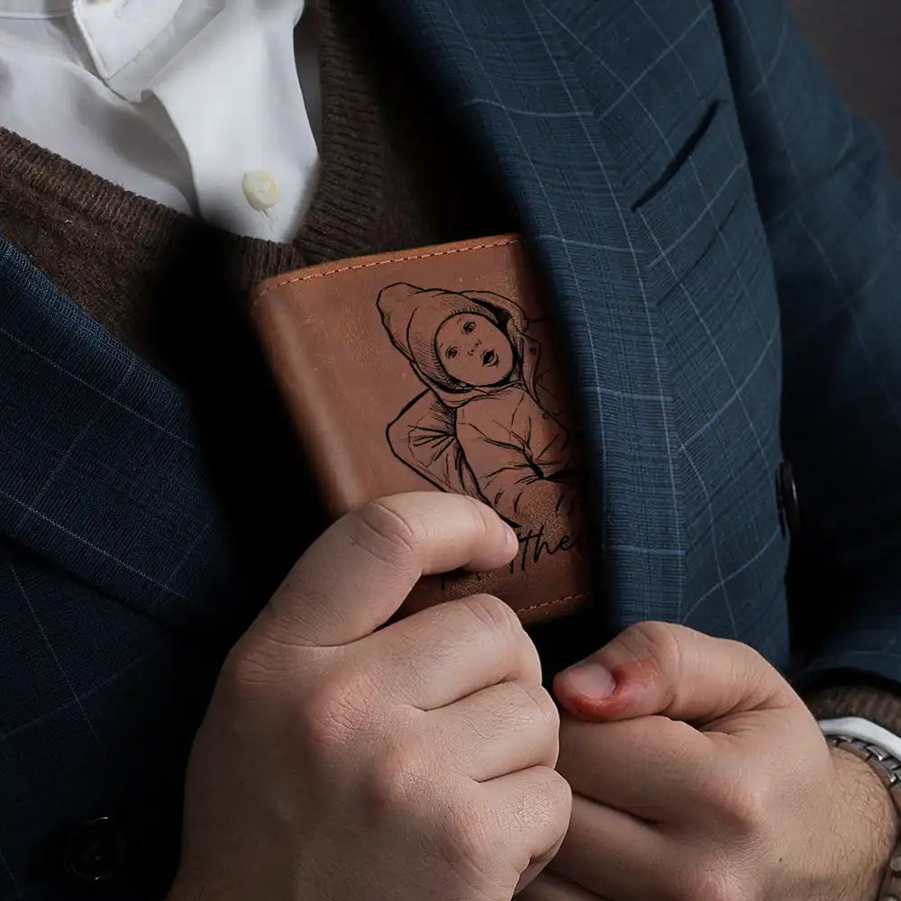 Gift For Father,Custom Photo,Art Design,Grateful,Photo - Pencil Sketch - Bold - Custom Photo Bold Sketch A Son Daughter's First Hero - Personalized Engraved Leather Wallet