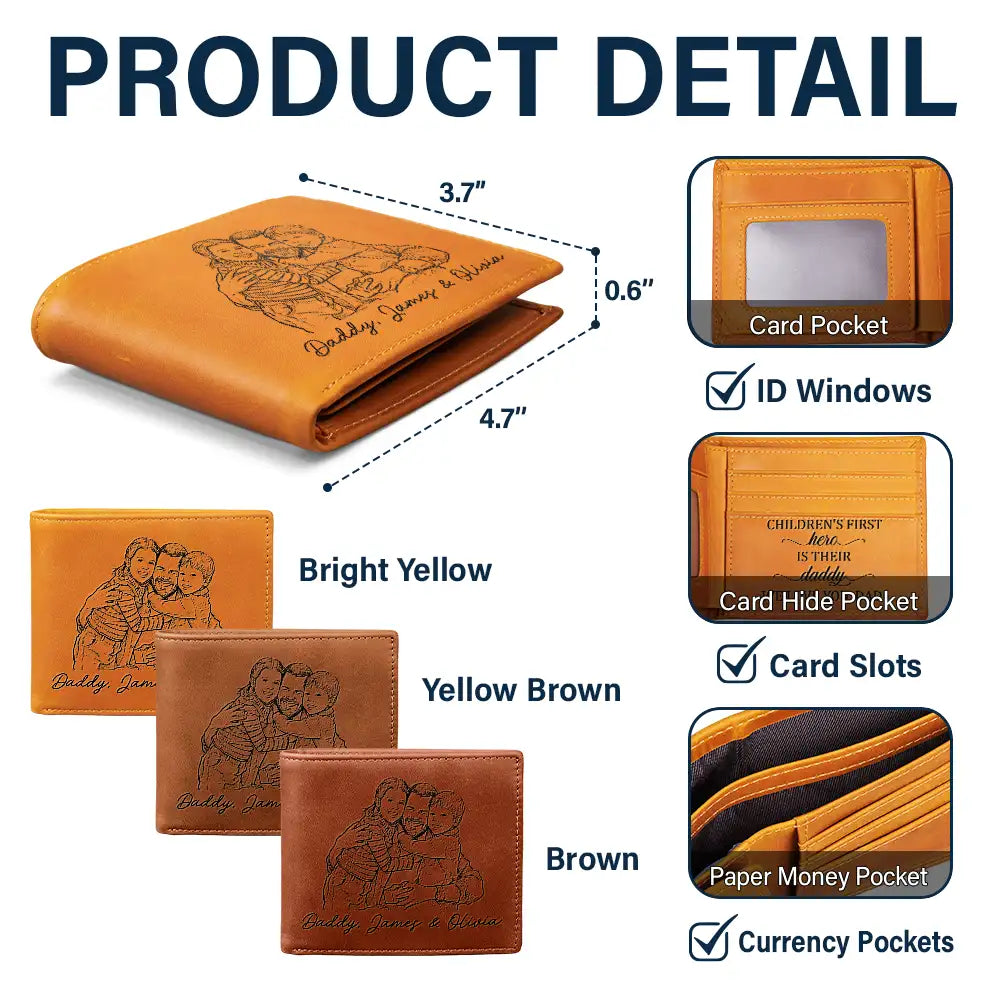 Gift For Father,Custom Photo,Art Design,Grateful,Photo - Pencil Sketch - Bold - Custom Photo Bold Sketch A Son Daughter's First Hero - Personalized Engraved Leather Wallet