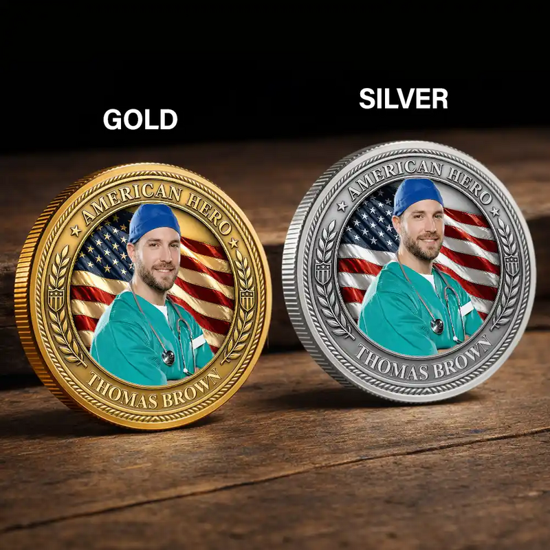 America 250th,Custom Photo,Independence Day,Family,Proud,Remove BG Photo - Custom Photo American Hero Firefighter Police Nurse EMT - Personalized Commemorative Keepsake Coin