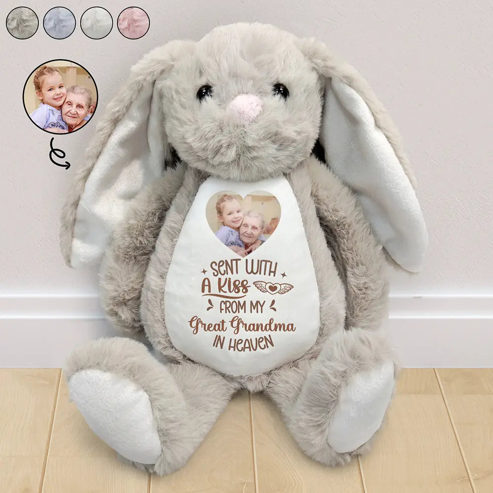 Memorial,Family,Gift For Grandparents,Parents - Custom Photo Memorial Sent With A Kiss From My Great Grandma In Heaven - Personalized Soft Toy Bunny